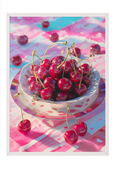 Zestia Картина с бяла рамка, ярка илюстрация с череши, постер за декорация на...