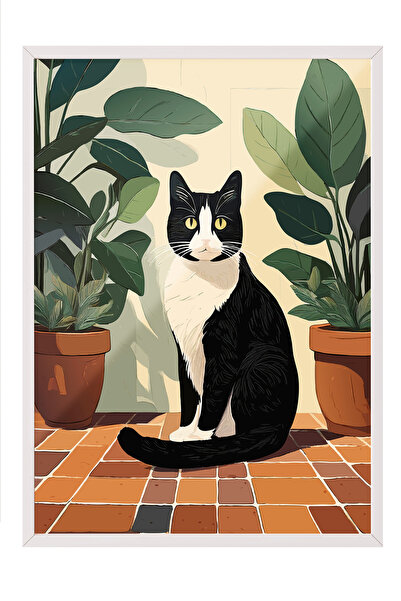Zestia Tablou înrămat alb, pisică neagră într-un ghiveci – Artă minimalistă, ...