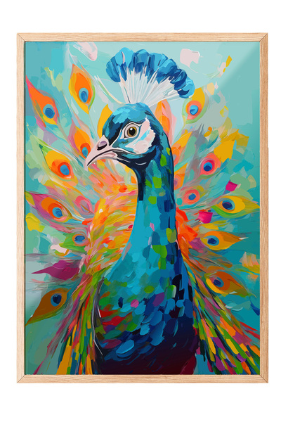 Zestia Tablou înrămat pe lemn, Păun în culori vii – Artă modernă, Poster deco...
