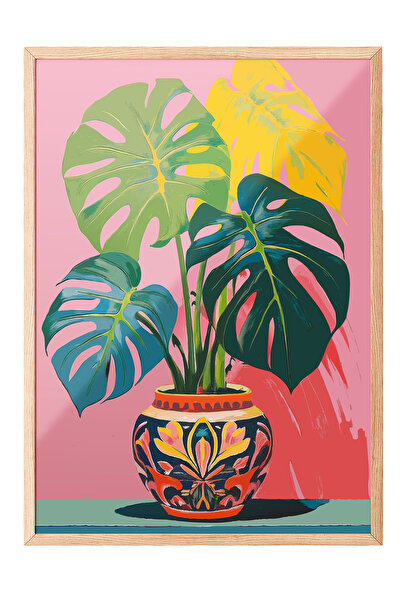 Zestia Картина с дървена рамка, листа от монстера в саксия, постер за декорац...