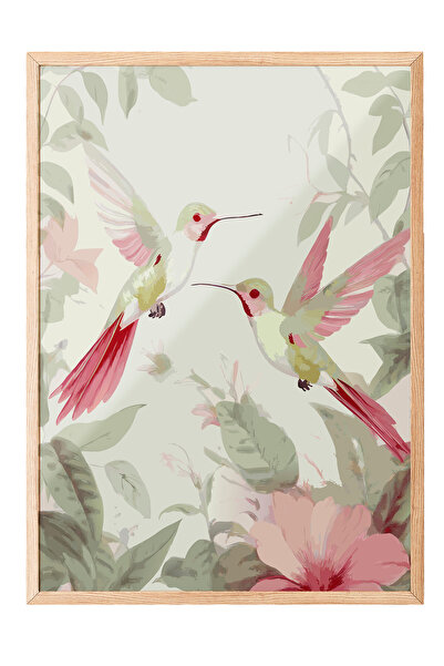 Zestia Tablou cu ramă din lemn, ilustrație cu natură și păsări, poster decora...