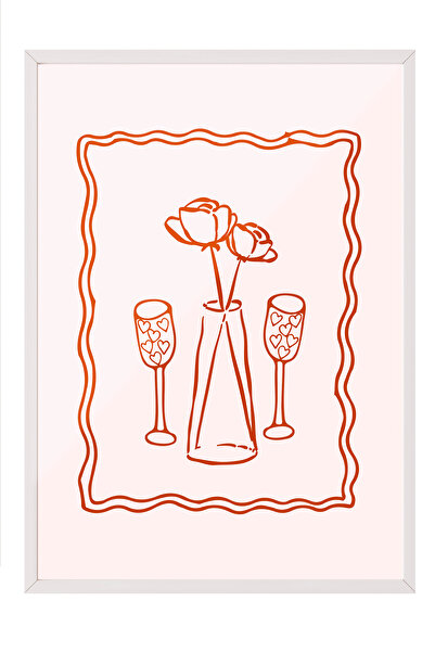Zestia Tablou înrămat alb, pahare de șampanie – Artă în linie, Poster decorat...