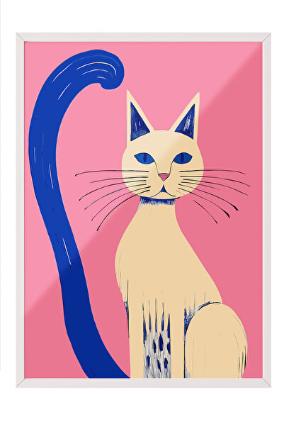 Zestia Tablou cu ramă albă, pisică minimalistă și coadă albastră, poster deco...