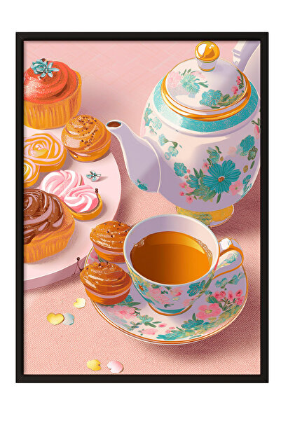 Zestia Tablou cu ramă neagră, Ceai și prăjituri – Decor cald pentru bucătărie...