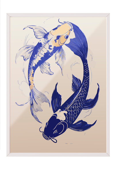 Zestia Tablou înrămat alb, pești Koi Yin Yang, poster decorativ pentru camera...