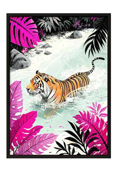 Zestia Tablou înrămat negru, Tigru tropical – Ilustrație colorată, Poster dec...
