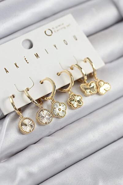 ALFA AKSESUAR 03 Brass Zircon Stone Clover Model Gold Color 6 Piece Earring Set - Tj-Bkp11207