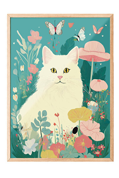 Zestia Tablou cu ramă din lemn, ilustrație cu pisică în pădure, poster decora...