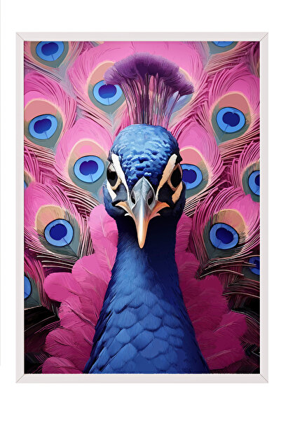 Zestia Tablou cu ramă albă, Portret cu păun, Poster decorativ pentru sufrager...