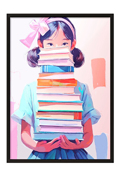 Zestia Tablou înrămat negru, ilustrație cu fată cu grămadă de cărți, decor pe...