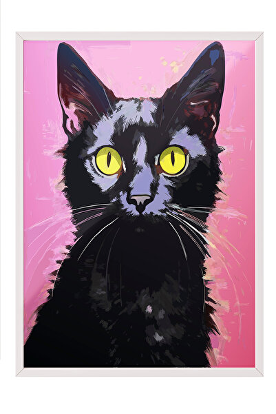 Zestia Tablou în ramă albă, Pisică cu ochi strălucitori – Ilustrație modernă,...