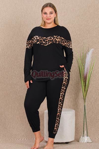 quilling Black Color Leopard Patterned 11420 Women's Long Sleeve Plus Size Pajamas Set for Mother