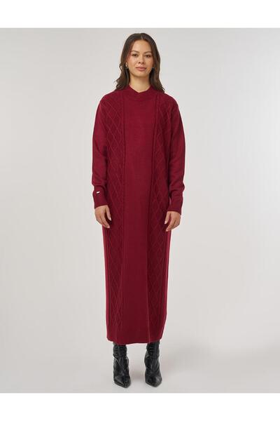 Kayra Knitted Pattern Knitwear Dress Burgundy