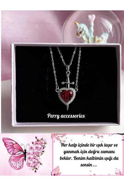 Perry Accesories Kırmızı zirkon kalp kılıç kolye sevgili kolyesi kararmaz çel...