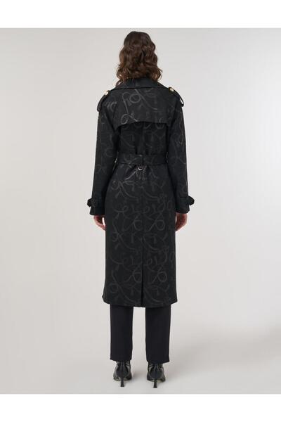 Kayra Zincir Desen Kuşaklı Trençkot Siyah