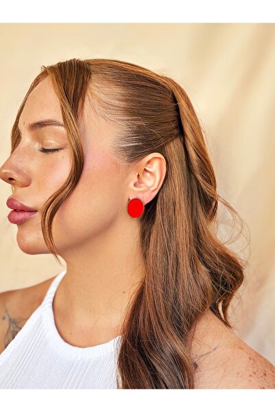 lesuvera Çelik Kırmızı Renkli Simli Oval Yuvarlak Vintage Küpe