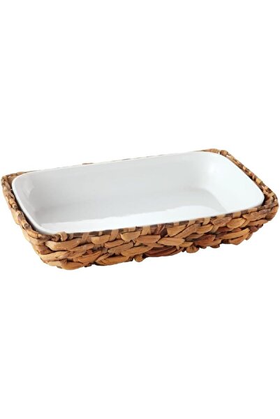 erorex طبق تقديم مستطيل من السيراميك مكون من قطعتين مع سلة من الخيزران باللونين الأبيض والبني Hb1045 Pl