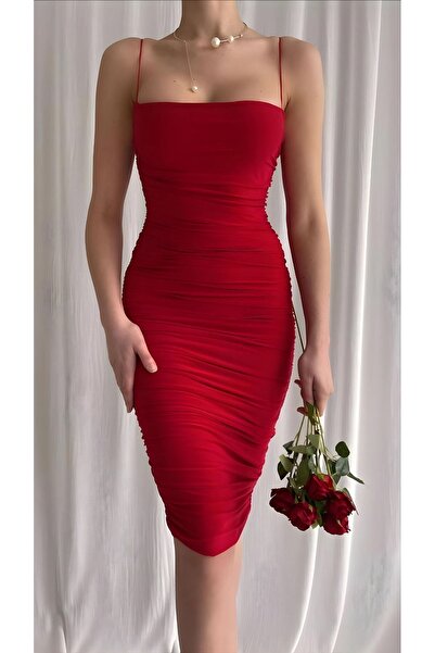 by sedat design Kırmızı Askılı Midi Toparlayıcı Etkili Drapeli Abiye Elbise Düğün Mezuniyet Özel Gün Kıyafeti