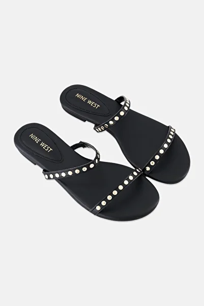 Nine West Women Leather 2 Strap Slip On Sandal, Black