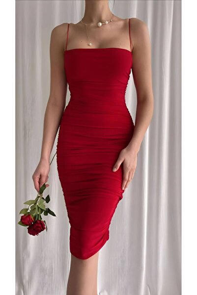 by sedat design Kırmızı Askılı Midi Toparlayıcı Etkili Drapeli Abiye Elbise Düğün Mezuniyet Özel Gün Kıyafeti