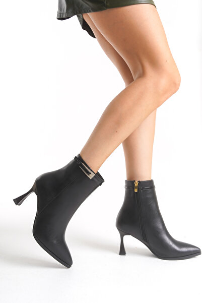 SİNAYN MODA Kadın Cilt Gold Taşlı Toka İnce Topuklu Sivri Bot