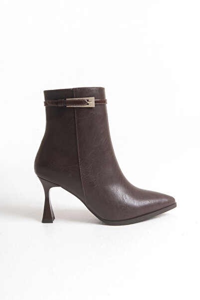 SİNAYN MODA Kadın Cilt Gold Taşlı Toka İnce Topuklu Sivri Bot