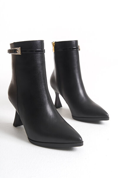 SİNAYN MODA Kadın Cilt Gold Taşlı Toka İnce Topuklu Sivri Bot