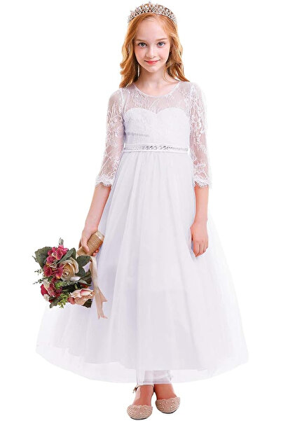 OEM Rochie elegantă din dantelă, lungă, mâneci 3/4, cu volane, albă, 160cm, 10-11 ani