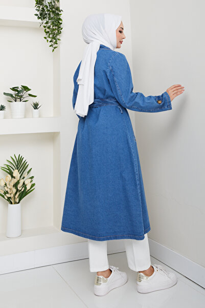 Pamuk Butik Kadın Kruvaze Yaka Kemerli Kot Trençkot