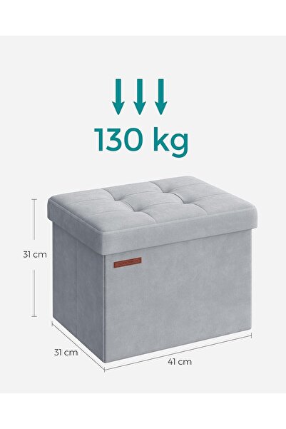 SONGMICS Folding Stool with Storage, Quilted Velvet, 31x41x31 cm, 130 kg, Gray