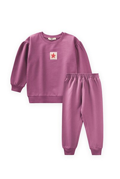 Cigit Label Detailed Sweatshirt Set Age 1-7 Fuchsia