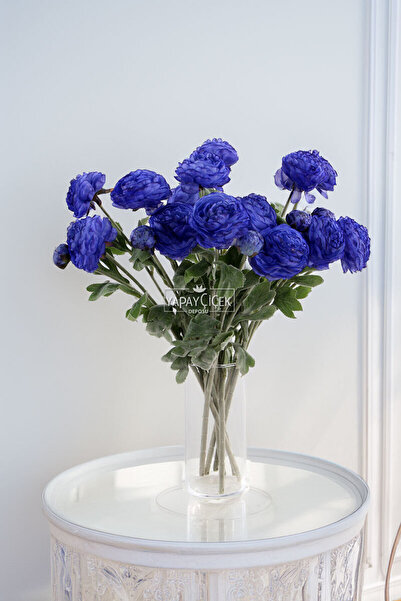 Yapay Çiçek Deposu Yapay Çiçek 3lü Şakayık Ranunculus Dalı 50 cm Lacivert