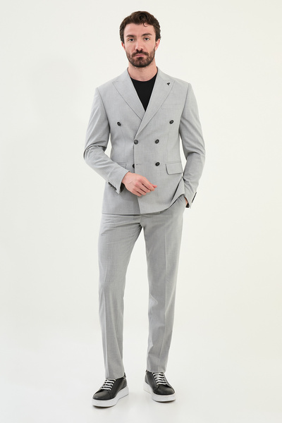 Mcr Düz Slim Fit Geniş Yaka Kruvaze Erkek Takım Elbise Gri - 45389.25Y