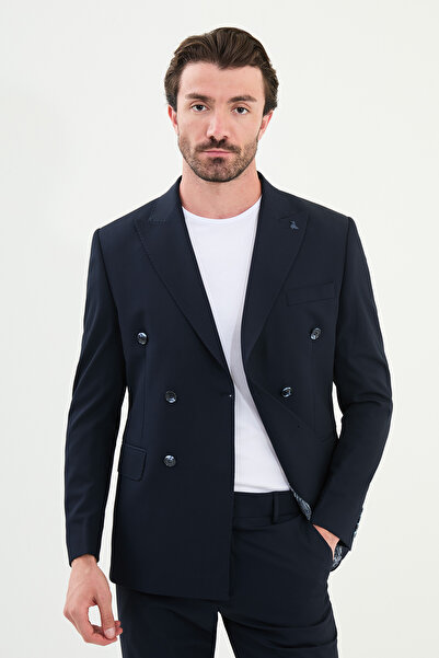 Mcr Straight Slim Fit Wide Collar Double Breasted Men's Suit Navy Blue - 45392.25Y