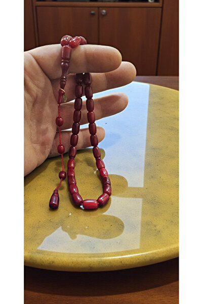 MERCAN-I ALA ESKİ BİLARDO TOPUNDAN SİSTEMLİ İMZALI KAPSÜL KESİM KEHRİBAR VİŞNE RENK TESBİHLER