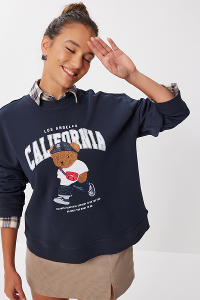 Lovelyİstanbul Teddy Bear Embroidered Printed Oversized Knitted Sweatshirt Lmc0074 Navy Blue