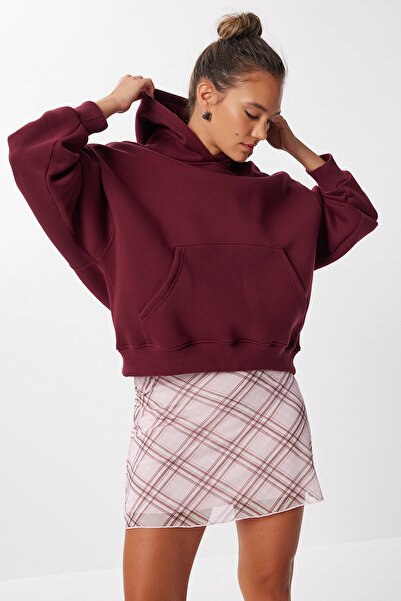 Lovelyİstanbul Nadměrná pletená mikina s kapucí LMC0073 BORDO