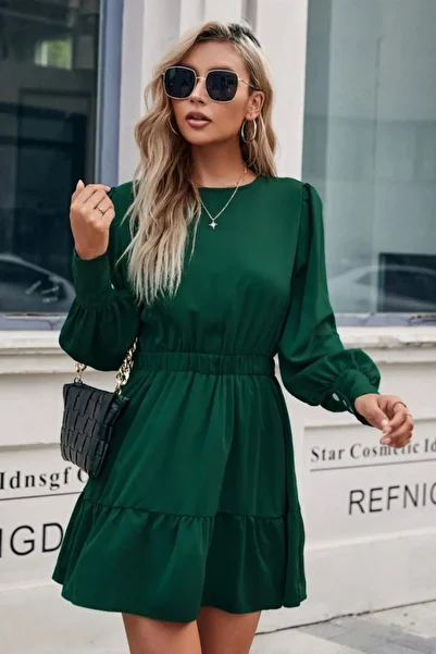 Mossta Long Sleeve Elastic Waist Ruffle Imported Crepe Dress