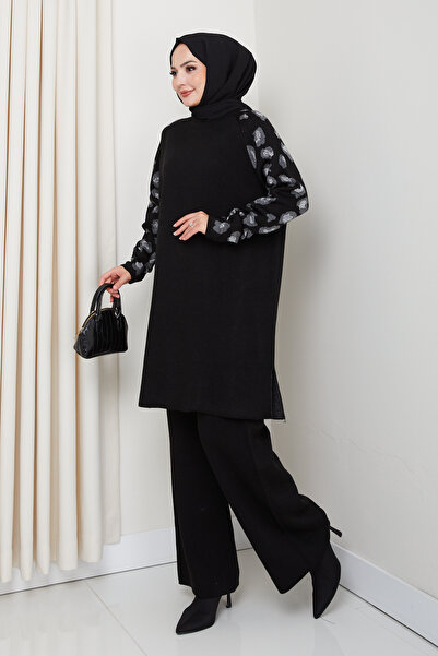 KAYA BUTİK Set tunică cu pantaloni cu model leopard și mâneci cu sclipici