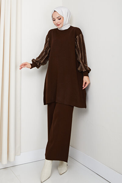 KAYA BUTİK طقم تونيك بأكمام بالونية وبنطلون لامع