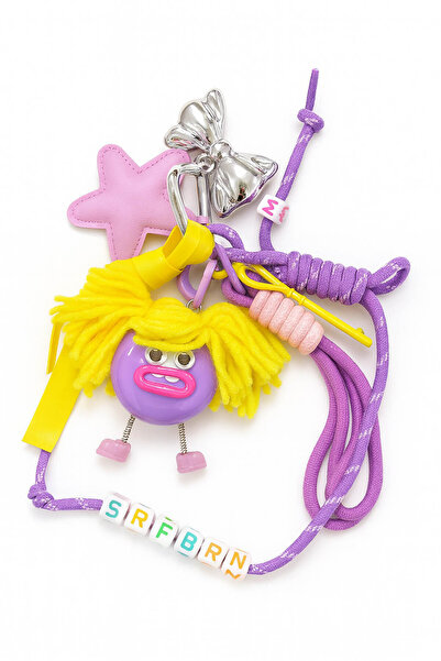 Xozza Figurină de monstru cu păr, breloc cu șnur cu farmec cu fundă și stea