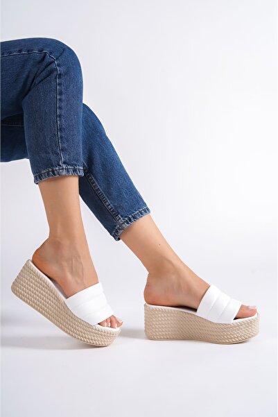 EBRUS TREND Jet-Reina Wedge Heeled Orthopedic Sole Straw Look Women's Slippers Ckt - White