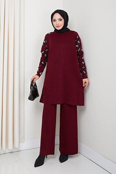 KAYA BUTİK Hijab Leopard Silvery Sleeve Patterned Tunic Set with Pants