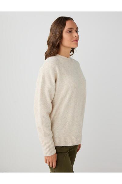 Jimmy Key Ekru Uzun Kollu Bisiklet Yaka Yün Karışımlı Triko Kazak