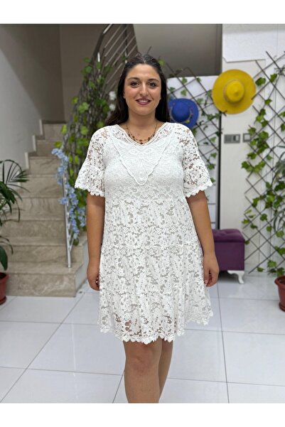 Punta Otantik Nc6793 Half Sleeve Coton Italian Lace Mini Dress White