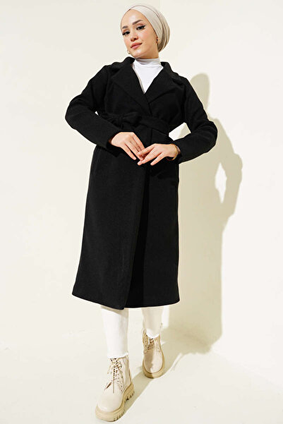 Prilika Women's Black Lined Long Oversized Cashmere Coat with Pockets and Belt