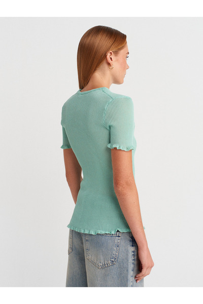 Dilvin 10783 Crew Neck Ruffle Thin Knitwear Blouse-Mint