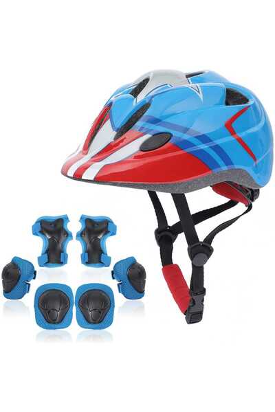 Elindor Set de protecție pentru copii 7 în 1, cască reglabilă, genunchiere, cotiere, mărimea S, albastru