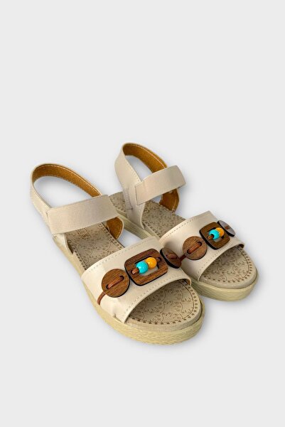 Liger Elastic Bead Detailed Casual Women's Sandals Beige - Taba