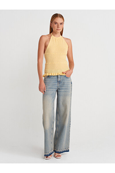 Dilvin 10796 Halter Tied Neckline Ruffle Textured Knitwear Blouse-Yellow